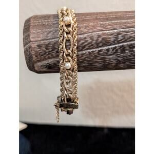 Vintage 1950s Mid-Century Exceptional Pearl Chain Link Bracelet W/ Safety Chain